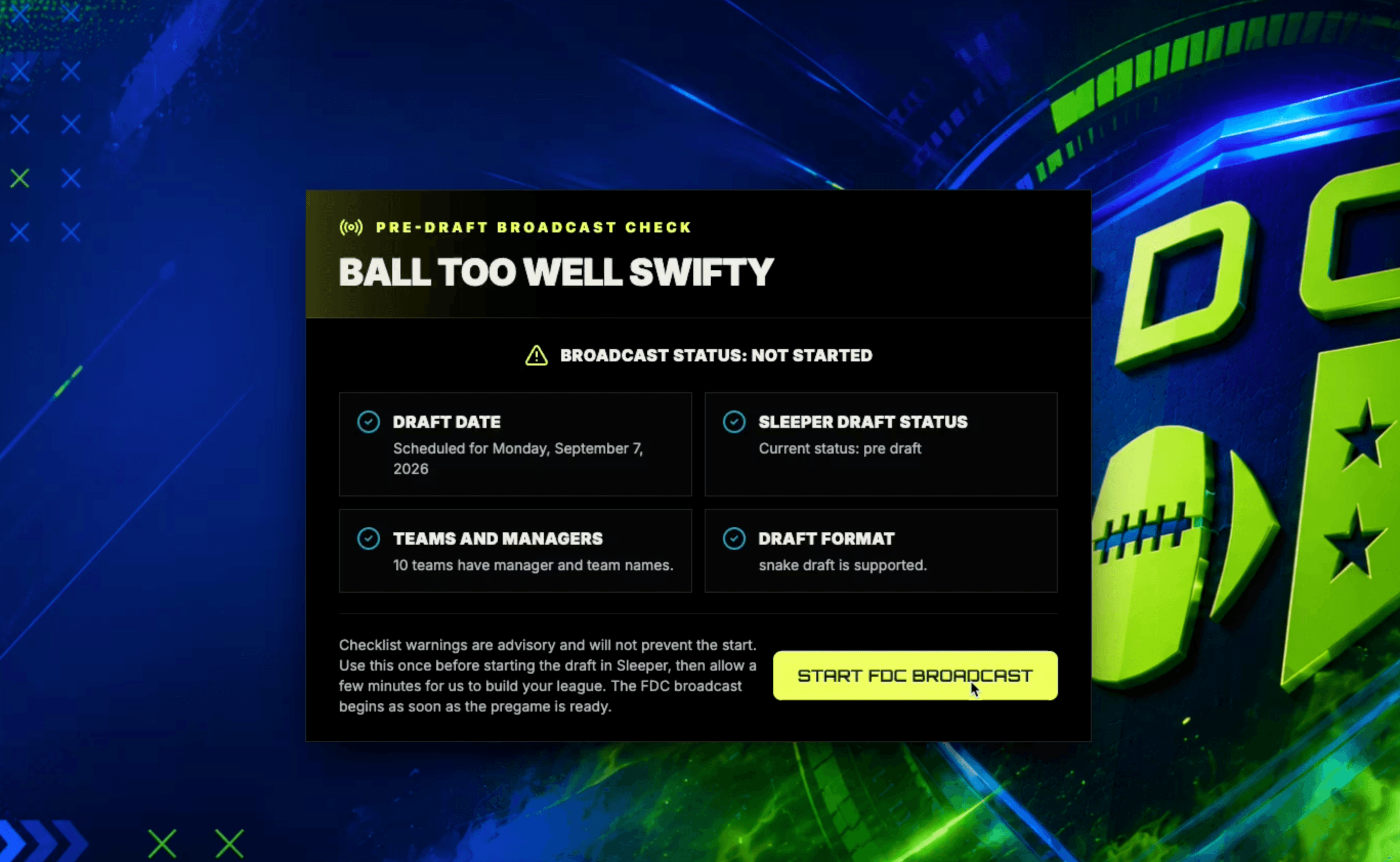 The pre-broadcast checklist in the Fantasy Draft Channel league dashboard.