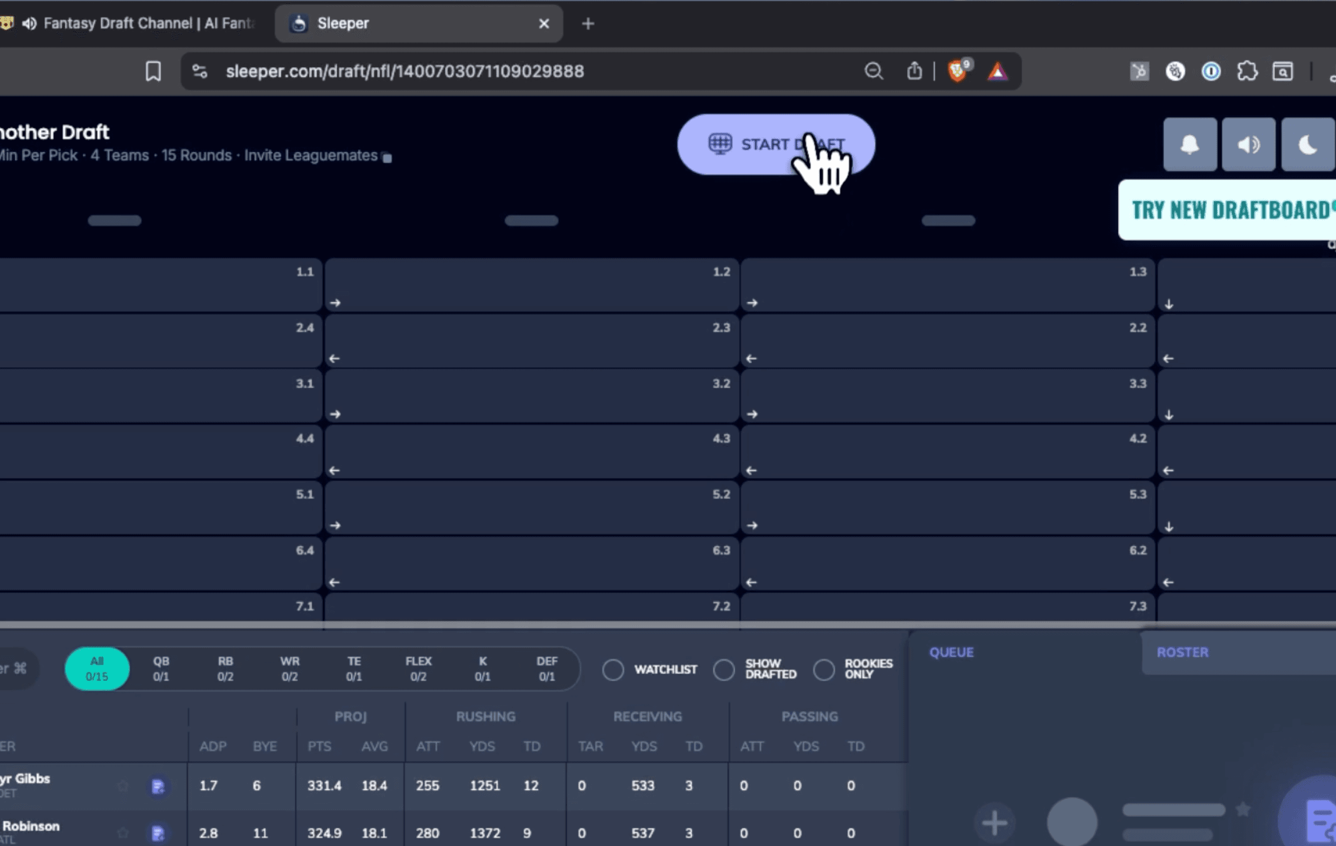 Starting the draft inside Sleeper.